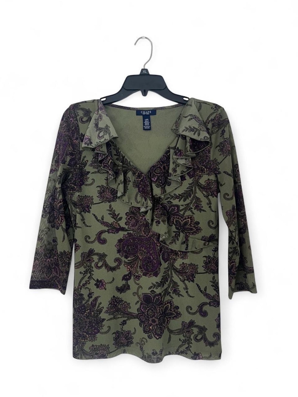 Chaps Olive Green Floral-Trim V-Neck Blouse